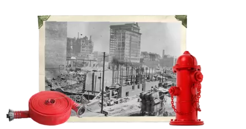 Old Photo of 1904 Baltimore Blaze with red fire hydrant and hose images at the bottom.