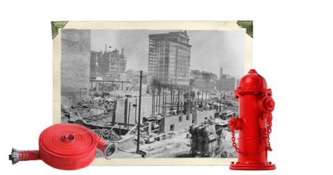 Foto antiga de 1904 Baltimore Blaze com imagens vermelhas de hidrante e mangueira na parte inferior.