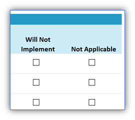image showing the 'Will Not Implement" and "Not Applicable" boxes on the OSAC Registry Implementation Declaration Form