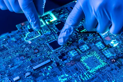 Closeup photo shows person wearing blue gloves using tweezers to work on a semiconductor circuit board.