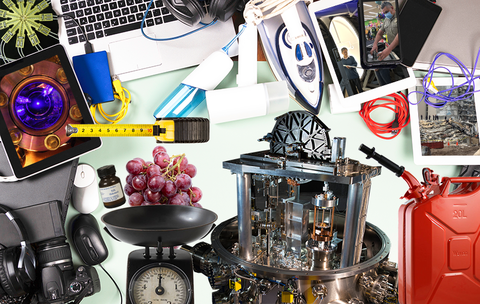 Photo collage includes tape measure, gas can, laptop keyboard, old-fashioned scale, bunch of grapes, and scientific equipment like a Kibble balance. 