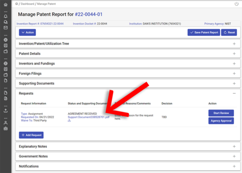 Patent assignment request screenshot.