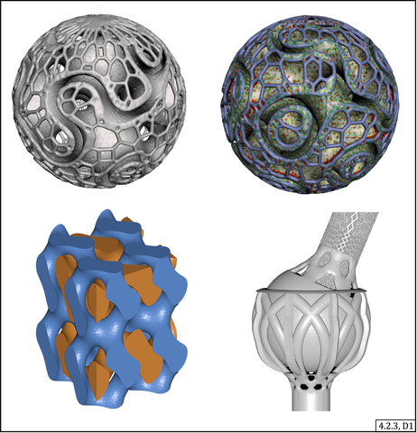 Four 3D models of 3D printing designs. The top two are spherical, bottom two are different shapes.