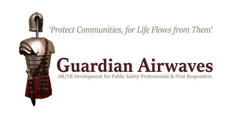 Guardian Airwaves logo with tagline "Protect Communities, for Life Flows From Them" and description "AR/VR Development for Public Safety Professionals & First Responders"
