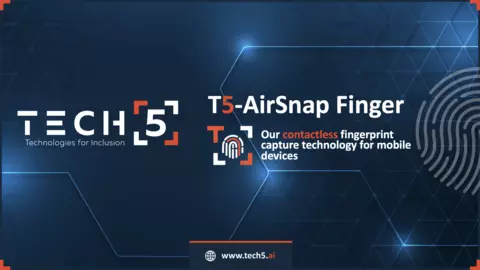 TECH5 logo with text "T5-AirSnap Finger. Our contactless fingerprint capture technology for mobile devices"