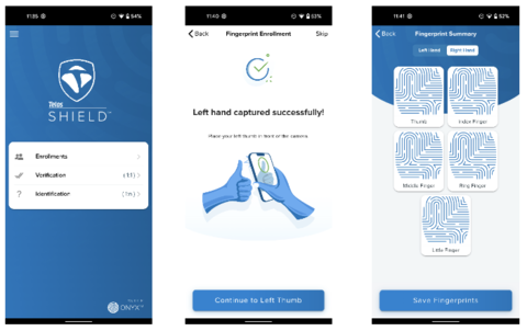 Screenshots from the Telos Shield app processing a mobile fingerprint scan