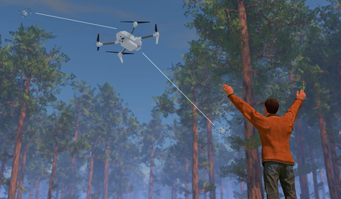 Graphic of man waving at a drone in the air for help while in the forest