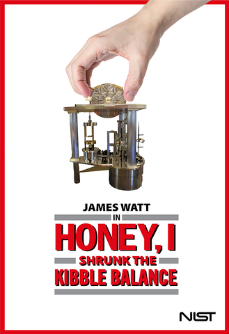 Parody movie poster has a large hand reaching down to touch a miniaturized scientific device.