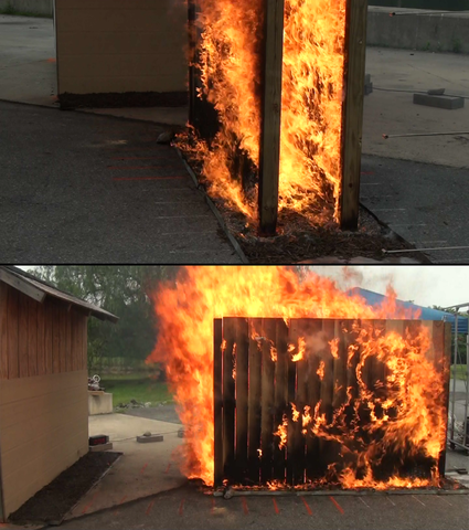 Two stacked photos show different angles of sample parallel fences burning near a shed.