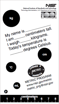 Printable metric card with NIST logo, and fill in the blank paragraph, contact information for NIST Metric Program, 8 cm ruler image