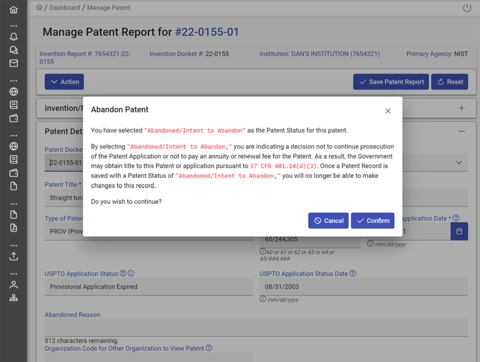 Abandon patent popup window screenshot.