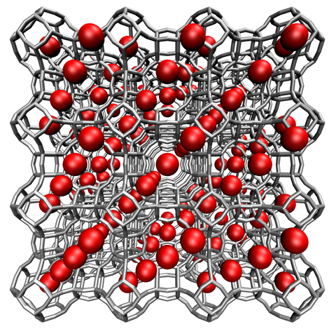 Gray lines connect to form a complex three-dimensional network of shapes with red spheres between them.