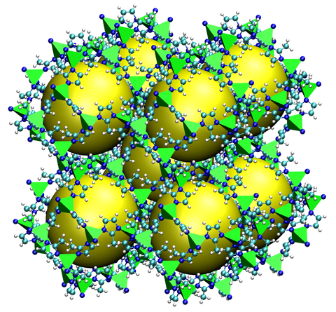 Crystal structure is shown as an open cube with nine empty spaces marked by spheres.