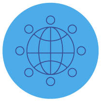 Blue circle. Inside: Globe surrounded by circles that represent people