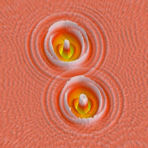 Orange background. Two yellow rings with concentric circles around it in orange