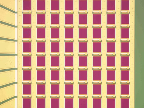 Sensor chip is a yellow grid with pink squares and green along the edges.