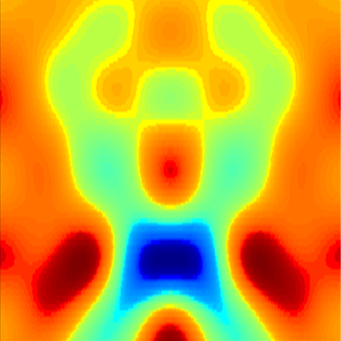 Blurry, colorful microscope image looks like a muscled man holding his arms up.