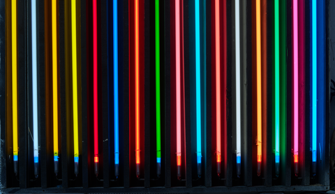 Display of various colors that neon signs can produce at the Ace Sign Company in Springfield, Illinois. The company has been making signs since 1940 and, over the years, has rescued and displayed many historic neon signs.