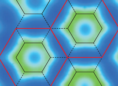 Pattern of hexagonal shapes outlined in red with blue and green rings inside.  