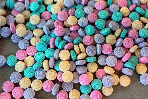 pink, turquoise, yellow, & purple fentanyl pills