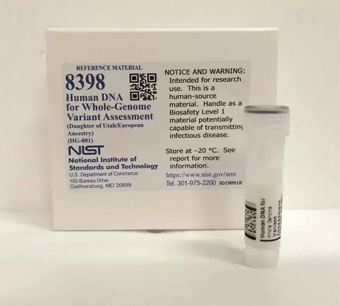 Plastic vial displayed in front of box labeled 8398 Human DNA for Whole-Genome Variant Assessment, NIST.