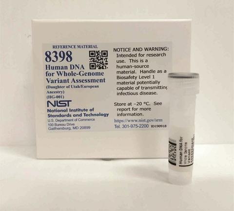 Plastic vial displayed in front of box labeled 8398 Human DNA for Whole-Genome Variant Assessment, NIST.