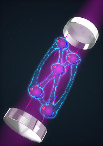 Illustration shows atoms connected with glowing lines inside the cylinder of the interferometer. 