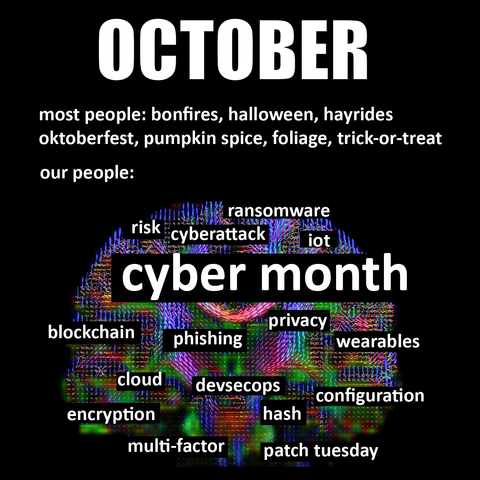 Text above reads: "October. most people: bonfires, halloween, hayrides, oktoberfest, pumpkin spice, foliage, trick-or-treat. our people:" and text atop a multicolored brain schematic reads: "cyber month, ransomware, risk, cyberattack, iot, blockchain, phishing, privacy, wearables, cloud, devsecops, encryption, multi-factor, patch tuesday, hash, configuration."