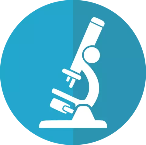 Graphic of a microscope in the colors of blue and white