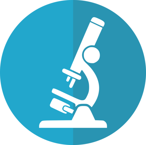 Graphic of a microscope in the colors of blue and white