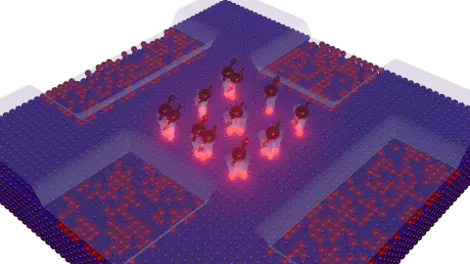 An oblique overhead view of a purple square with nine red dots arranged in a 3x3 array in the center of the square.