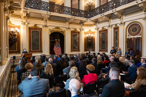 Zoë Baird, Senior Counselor to the US Department of Commerce, delivers remarks at the Cybersecurity Apprenticeship Sprint closing event. 