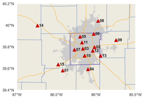 A map of Indianapolis urban area shaded in gray with red numbered triangles 