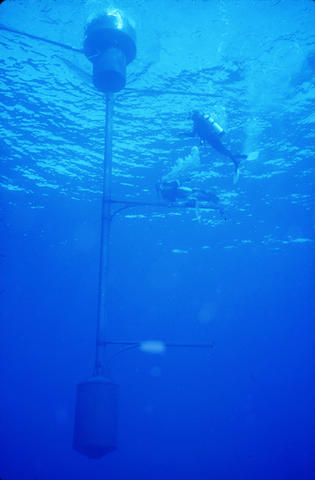 A view from underwater shows the bottom of a buoy with several rods reaching down and to the side, and two divers nearby.