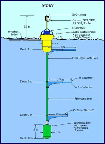 Diagram identifies various parts of the buoy both above and below the water line. 