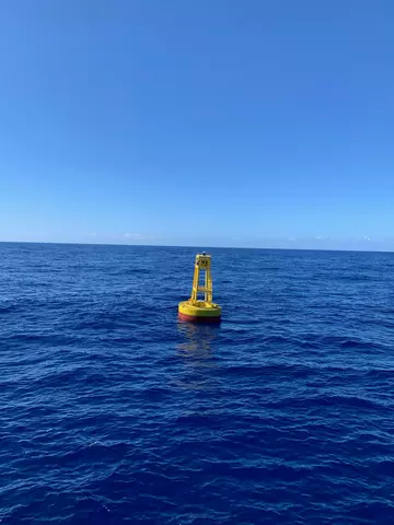 A yellow buoy with a red base floats in the sea under a blue sky. 