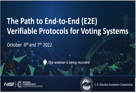 Image of a title page for a workshop entitled, "The Path to End-to-End (E2E) Verifiable Protocols for Voting Systems"