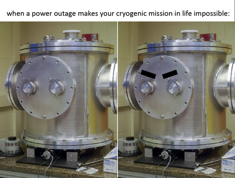 Text reads: "When a power outage makes your cryogenic mission in life impossible." Followed by near-identical side-by-side photos of a cryostat machine with the appearance of a face and two eyes on its front. The image to the right has eyebrows drawn over the perceived eyes to create an angry expression.