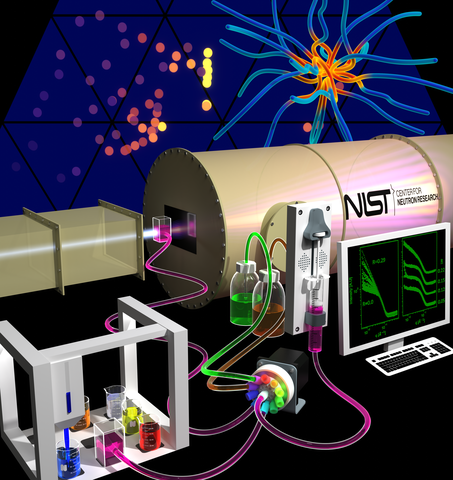 high quality rendering of a pipetting robot connected to a neutron scattering instrument
