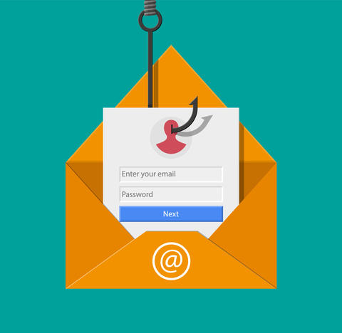 Envelope with a fish hook through it and an @ symbol indicating phishing 