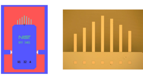 Images of SRM 3461 device and enlarged view of the cantilever arrays at one end