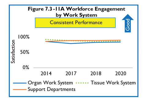 Figure from 2021 Baldrige Award Application Summary of Mid-America Transplant showing workforce engagement by work system.