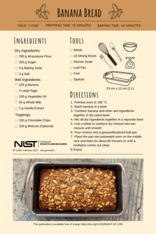 NIST SP 1290, NIST Metric Recipes, printable recipe card series are best when printed on cardstock. Companion resources are available on the NIST Metric Cooking website.