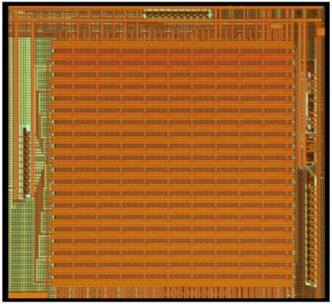 Experimental demonstration underway: die micrograph of a 10x10 race logic DNA sequence alignment array, with exposed vias ready for post-CMOS memristors.