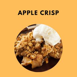 photo of apple crisp with whipped cream in orange block