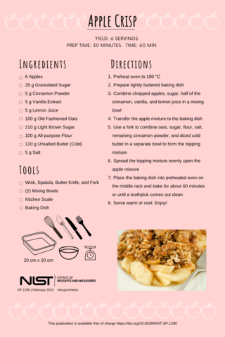 NIST SP 1290, NIST Metric Recipes, printable recipe card series are best when printed on cardstock. Companion resources are available on the NIST Metric Cooking website.