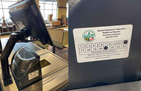 A photo of a grocery store checkout line, with a sticker indicating the scale has been inspected by the Maryland Department of Agriculture. 