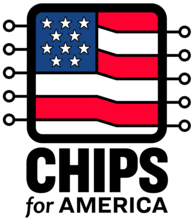 Square with rounded edges. Fill of square looks like American flag. Coming off the sides of the square are lines with unfilled circles at end. Words underneath: CHIPS for AMERICA
