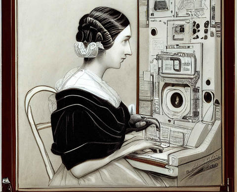 A painting depicting Ada Lovelace working at a computer. 