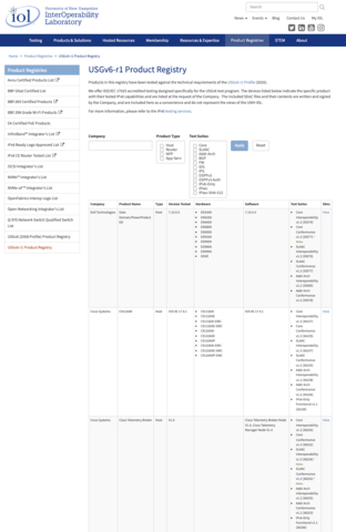 Screen shot of USGv6 Tested Product Registry web site.